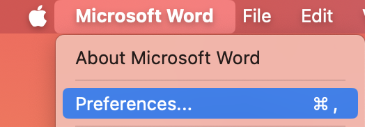 Word preferences menu