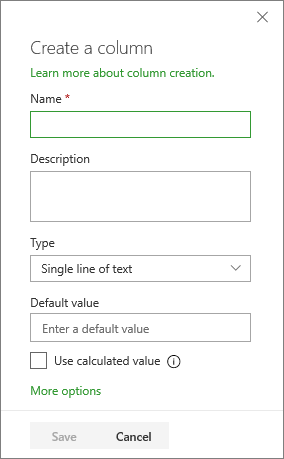 The create a column panel