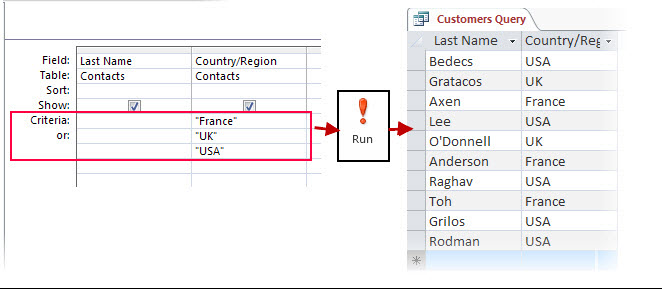 OR criteria use in designer and result