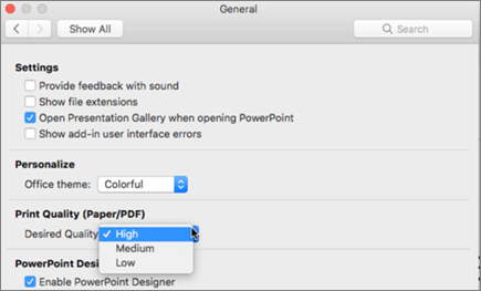 Set the print quality of the PDF to High, Medium or Low