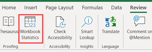 The Workbook Statistics command on the Excel ribbon