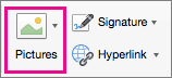 The Pictures option is highlighted on the Message tab.
