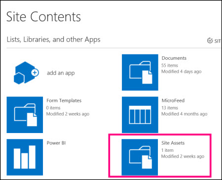 Site Contents page on simple site in SharePoint Online, highlighting Site Assets tile