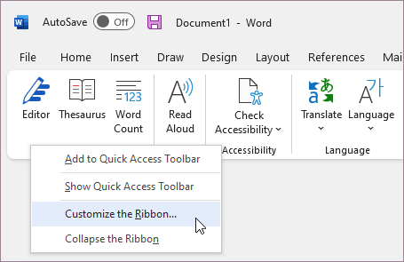 Select Customize Ribbon