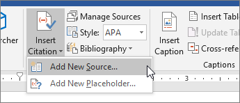 Point to Insert Citation, and choose Add New Source