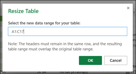 Resize Table dialog