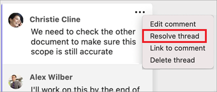 Comment more options menu open with the "Resolve thread" option selected.