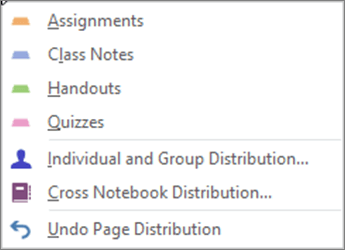 Distribute Pages Dropdown with Assignments, Class Notes, Handouts, Quizzes, Individual and Group Distribution, Cross Notebook Distribution, and Undo Page Distribution.