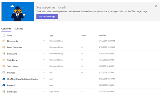 SharePoint site contents page