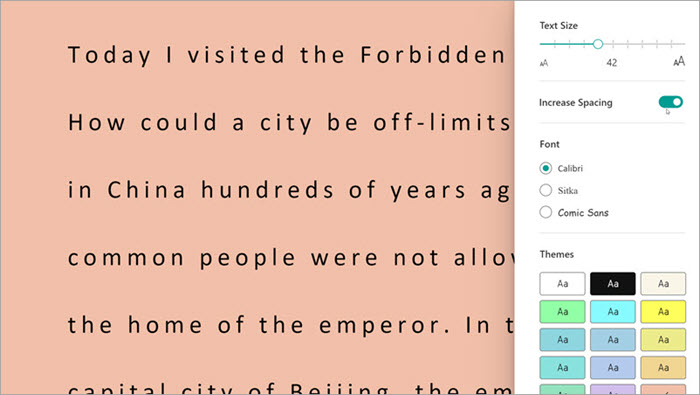 screenshot of immersive reader in Reading Progress. options are shown including text size, spacing and background color