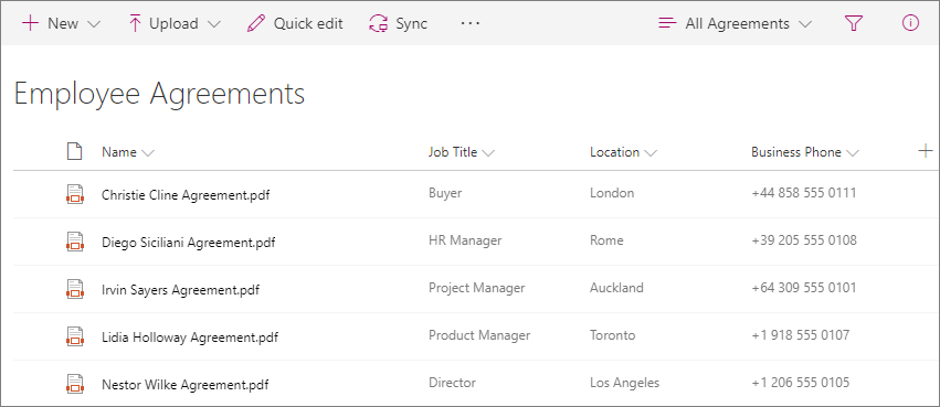 Screenshot of employee agreements library
