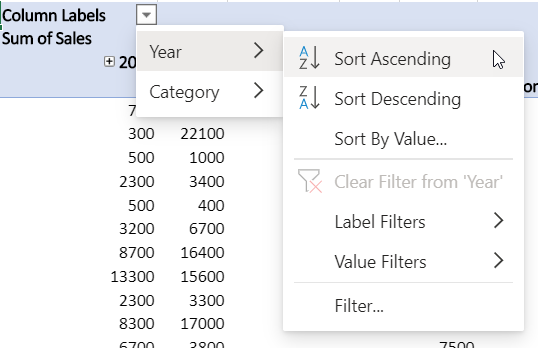 Rows area with combined filters