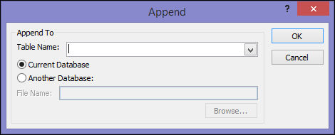 Screenshot of the Append query dialog box