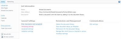 Library settings page with Versioning Settings link displayed