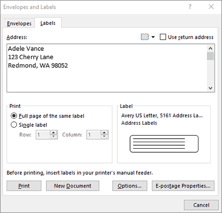 Envelope and labels dialog - labels