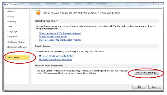 Word options showing Trust Center Settings