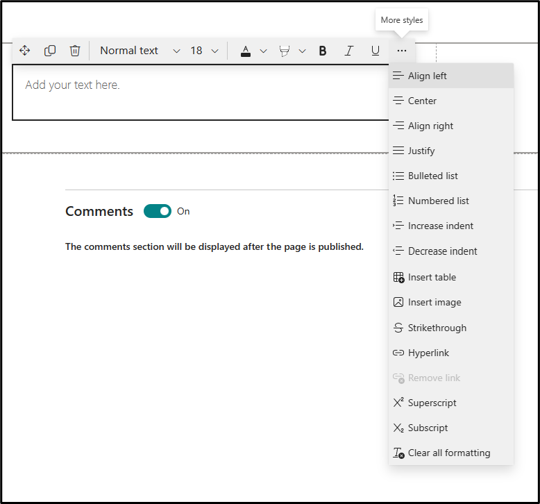 screenshot of the text web part with property pane option highlighted