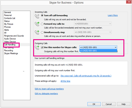 Screen shot of the Call Handling dialog with the Outgoing Calls section highlighted