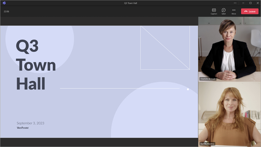 Screenshot of main attendee view when attending a town hall in Microsoft Teams