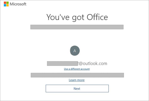 Shows the screen that appears when you buy a new device that includes a license for Office. This screen indicates that Office found your existing Microsoft account.