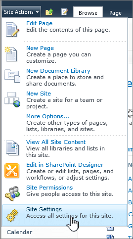 Site settings on the site actions menu