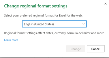 Change regional format settings dialog