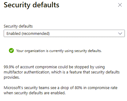 The enable security defaults dialog of the Azure Active Directory properties.