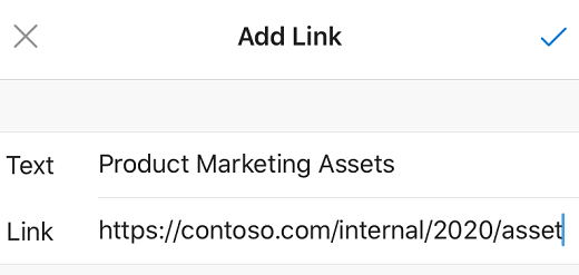 Add Link dialog box in Outlook for iOS.
