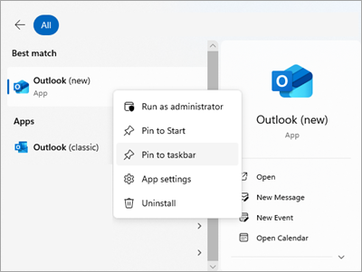 Screenshot showing Outlook in Start with Pin to taskbar