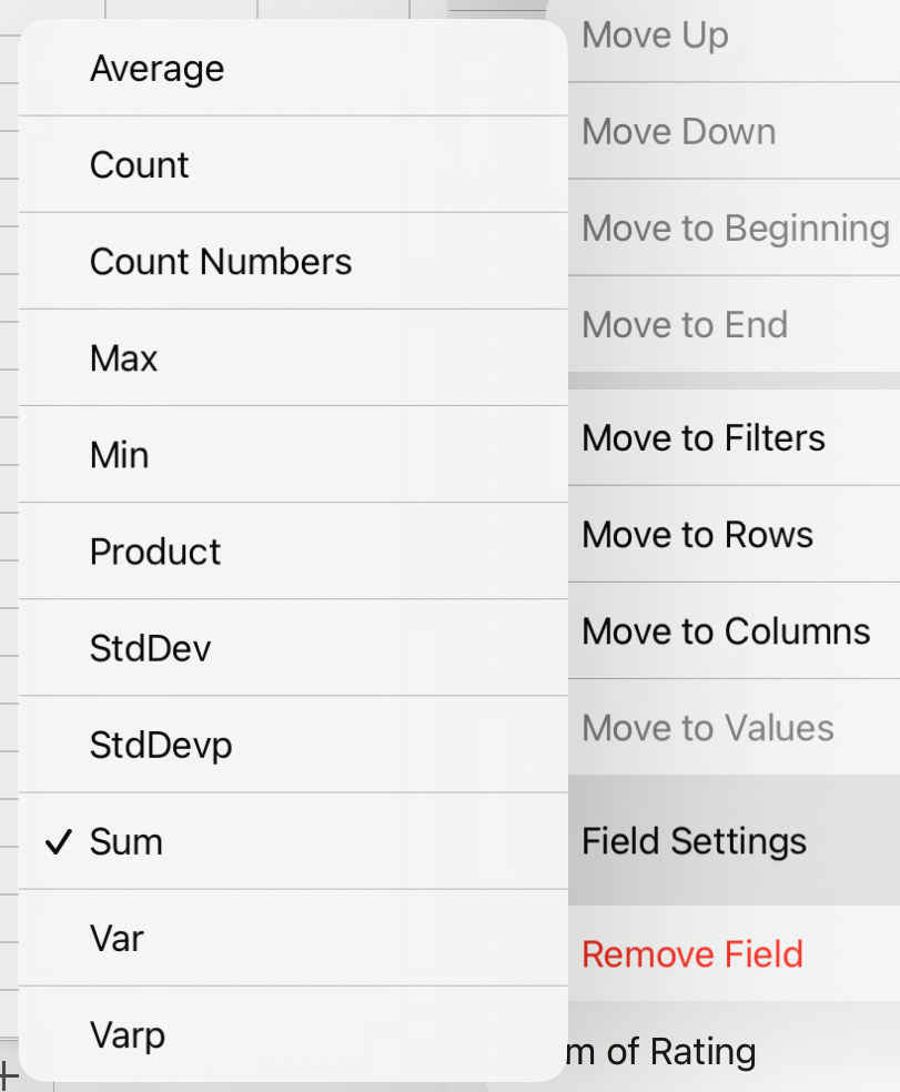 PivotTable value fields on iPad.