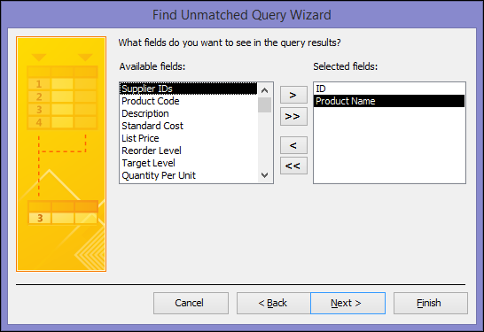 Select the fields you want to see in the query output in the Find Unmatched Query Wizard dialog box