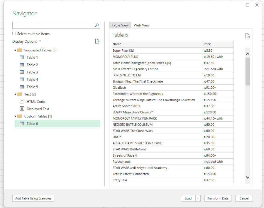 Select custom table