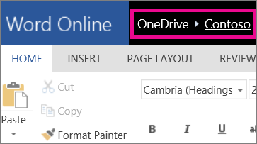 Screenshot of breadcrumb navigation links in Word Online