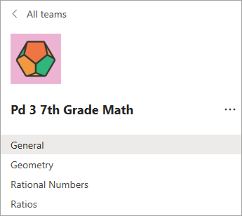 Channels in a 7th grade teacher's class team.