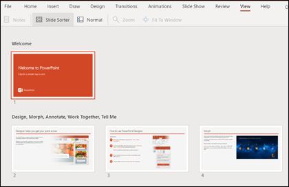 Slide sorter view in PowerPoint for the web.