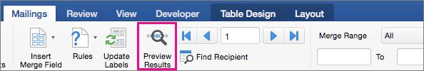 On the Mailings tab, Preview Results is highlighted