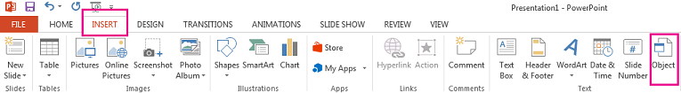 The Object option is on the Insert tab.