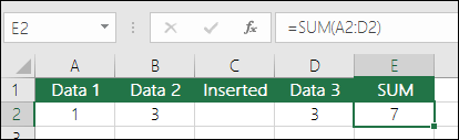 Example portrays a SUM formula automatically expanding from =SUM(A2:C2) to =SUM(A2:D2) when a column was inserted