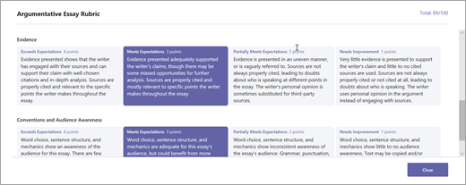 Student view of rubric feedback.