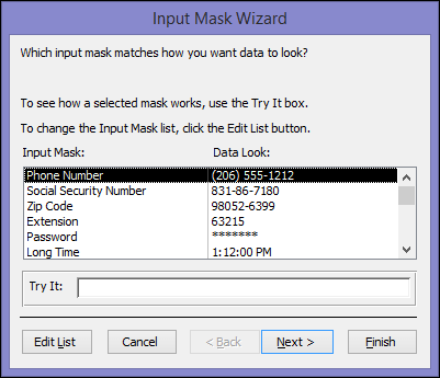 Input Mask Wizard in Access desktop database