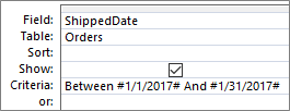 An expression in the Criteria row of the query grid