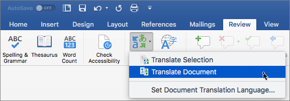 Review tab with Translate Document highlighted