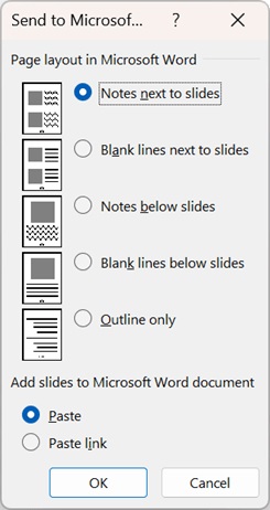 Send to Microsoft Word dialog box