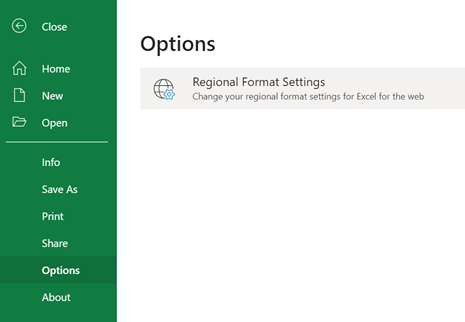 Regional Format Settings button on the File > Options menu