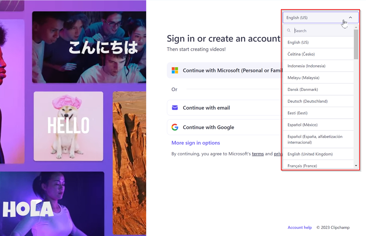 Select your language on the sign-in page of Clipchamp