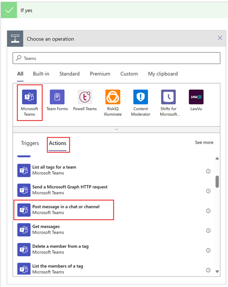 Setting an action in Teams Workflows app