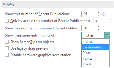 Advanced display settings that allow changing units of mearsurement.