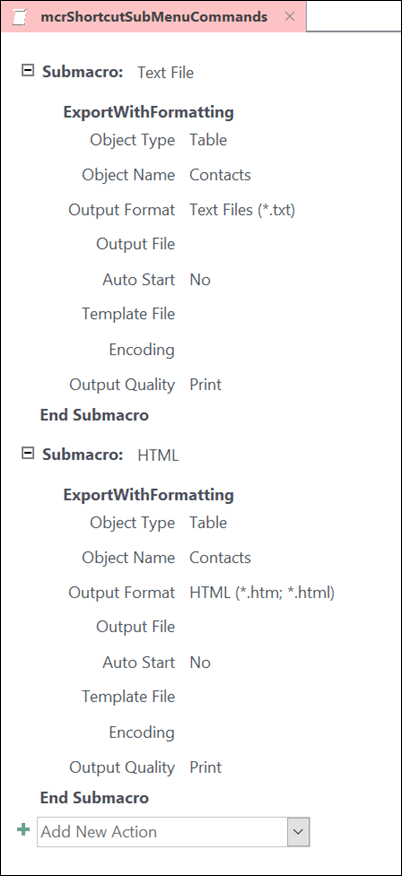 Screenshot of a macro in Access with two submacros