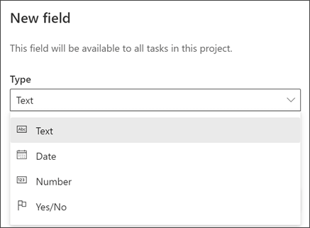 Screen shot from Project of New field dialog box showing Types Text, Date, Number, Yes/No