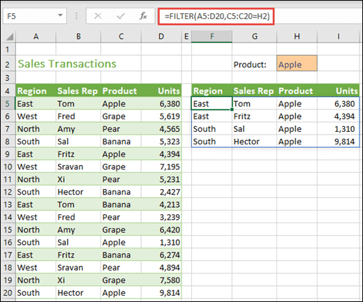 FILTER function - Filter Region by Product (Apple)